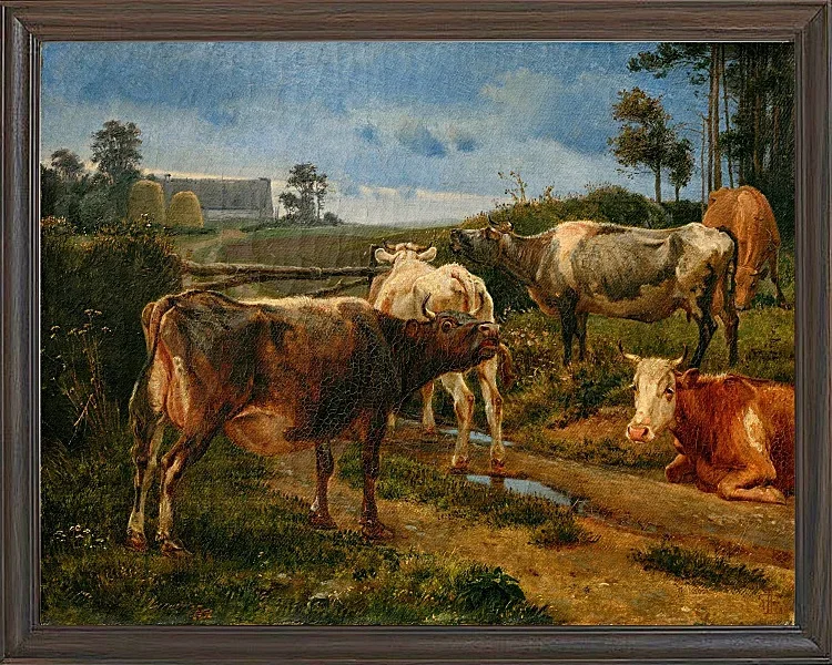 Johan Lundbye – Brüllende Kühe am Zauntor 1847 | Giclée Kunstdruck gerahmt