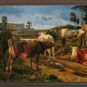 Johan Lundbye – Brüllende Kühe am Zauntor 1847 | Giclée Kunstdruck gerahmt