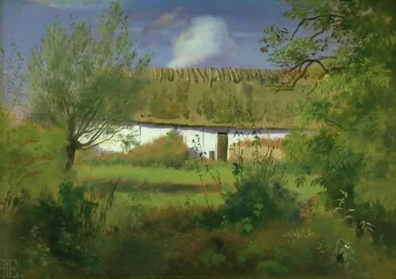 Johan T. Lundbye | Bauernhofgebäude in der Sonne - 1846 | Gerahmter Kunstdruck | Goldenes Zeitalter Dänemark | formida