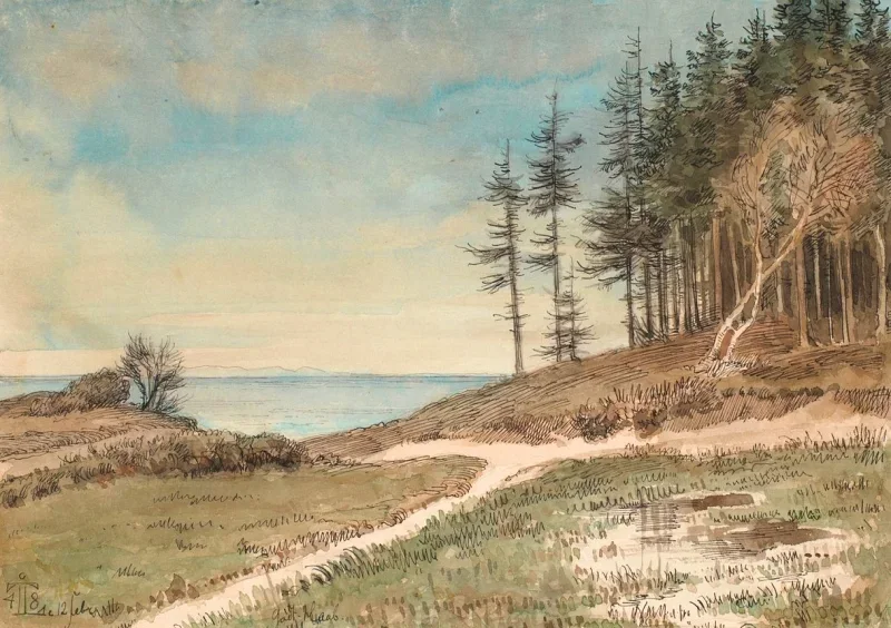 Johan T. Lundbye | Blick auf Kullen vom Strand bei Hellebæk - 1848 | Gerahmter Kunstdruck | Goldenes Zeitalter Dänemark | formida