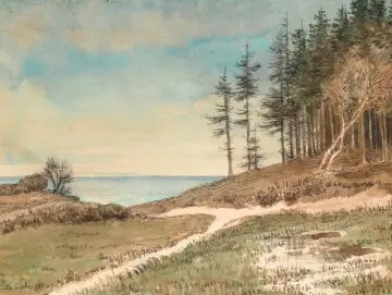 Johan T. Lundbye | Blick auf Kullen vom Strand bei Hellebæk - 1848 | Gerahmter Kunstdruck | Goldenes Zeitalter Dänemark | formida