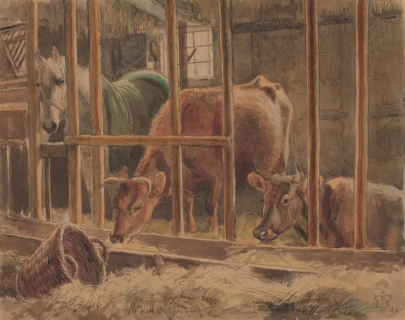 Johan T. Lundbye | Das Innere eines Stalls mit einem weißen Pferd und zwei Kühen - 1848 | Gerahmter Kunstdruck | Goldenes Zeitalter Dänemark | formida