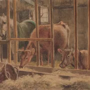 Johan T. Lundbye | Das Innere eines Stalls mit einem weißen Pferd und zwei Kühen - 1848 | Gerahmter Kunstdruck | Goldenes Zeitalter Dänemark | formida