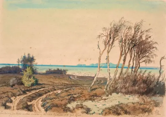 Johan T. Lundbye | Udsigt over Kullen fra kysten mellem Odinshøj og Hornbæk - 1848 | Indrammet kunsttryk | Danmarks Guldalder | formida