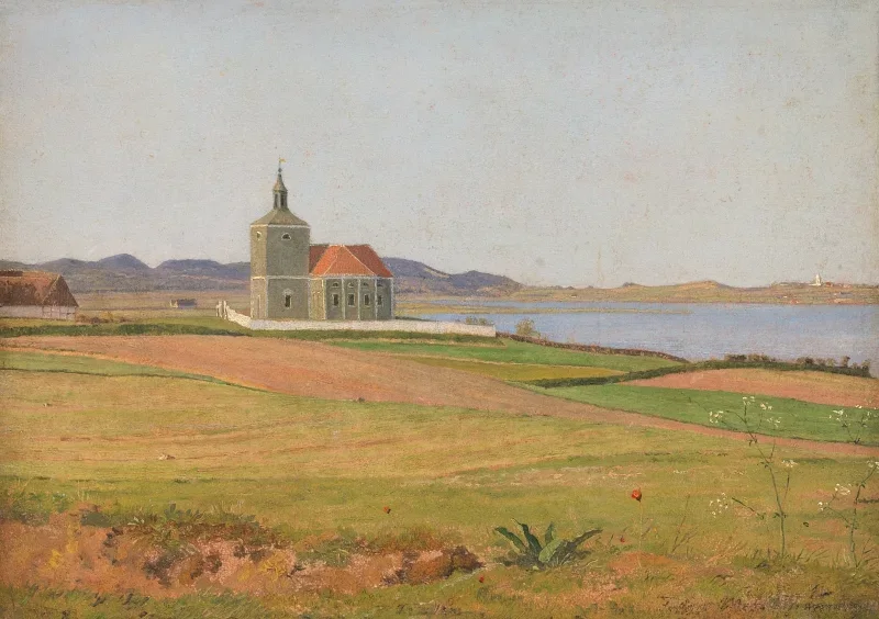 Johan T. Lundbye | Vinderød-Kirche bei Frederiksværk – 1837 | Gerahmter Kunstdruck | Goldenes Zeitalter Dänemark | formida