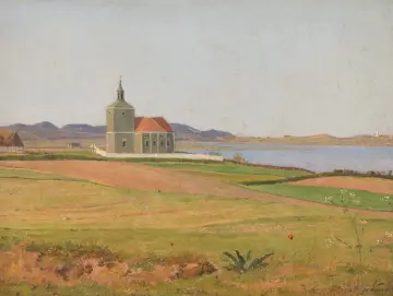 Johan T. Lundbye | Vinderød-Kirche bei Frederiksværk – 1837 | Gerahmter Kunstdruck | Goldenes Zeitalter Dänemark | formida