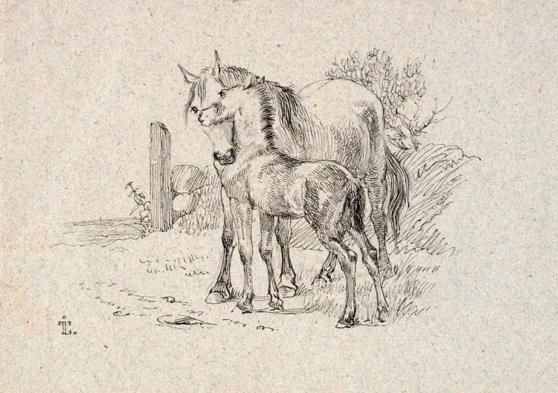 Johan T. Lundbye | Hesten og føllet - 1843 | Indrammet kunsttryk | Danmarks Guldalder | formida
