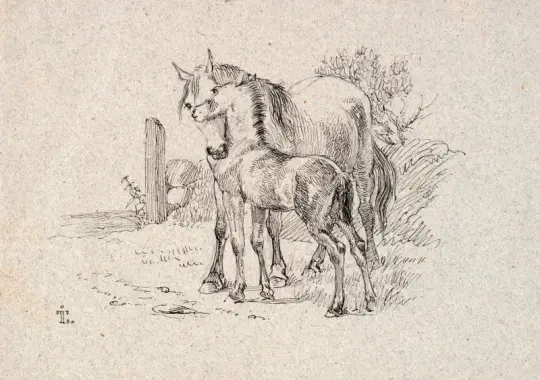 Johan T. Lundbye | Hesten og føllet - 1843 | Indrammet kunsttryk | Danmarks Guldalder | formida