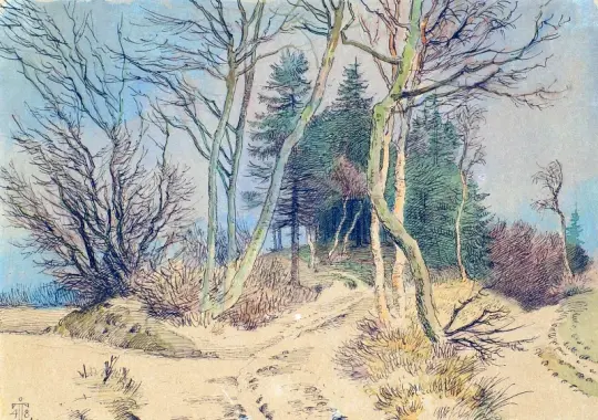 Johan T. Lundbye | Schneebedeckte Straßen zwischen Tannen und kahlen Bäumen – 1848 | Gerahmter Kunstdruck | Goldenes Zeitalter Dänemark | formida