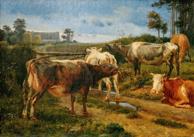 Johan T. Lundbye | Brüllende Kühe am Zauntor – 1847 | Gerahmter Kunstdruck | Goldenes Zeitalter Dänemark | formida
