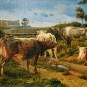 Johan T. Lundbye | Brüllende Kühe am Zauntor – 1847 | Gerahmter Kunstdruck | Goldenes Zeitalter Dänemark | formida