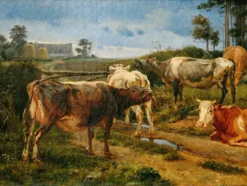 Johan T. Lundbye | Brüllende Kühe am Zauntor – 1847 | Gerahmter Kunstdruck | Goldenes Zeitalter Dänemark | formida
