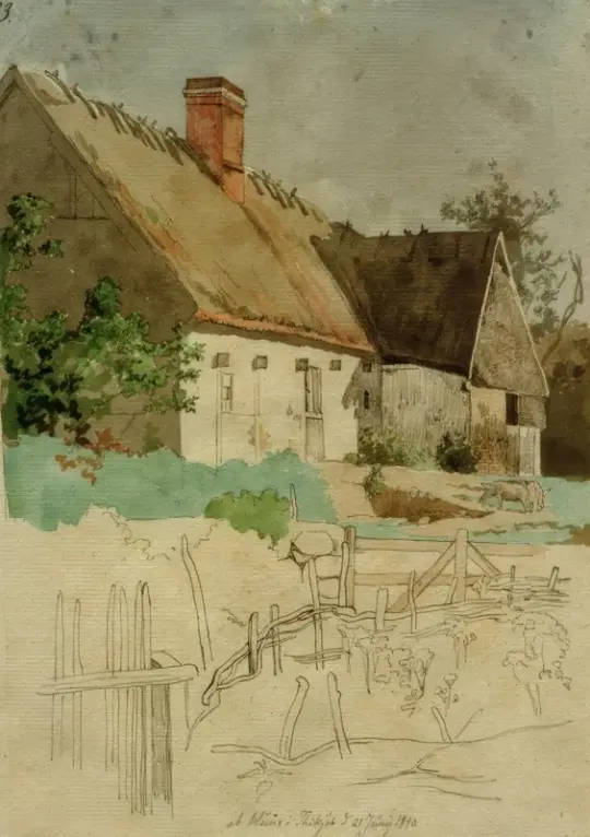Johan T. Lundbye | Et hus i Tiköb - 1840 | Indrammet kunsttryk | Danmarks Guldalder | formida