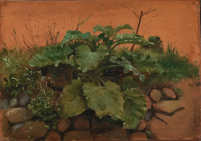 Johan T. Lundbye | Eine Klette und andere Pflanzen auf einer Steinmauer – 1847 | Gerahmter Kunstdruck | Goldenes Zeitalter Dänemark | formida