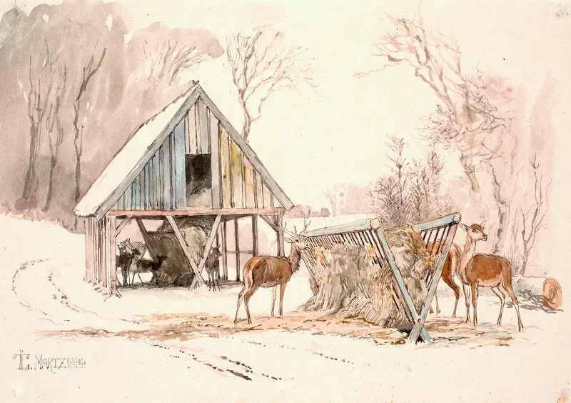 Johan T. Lundbye | Die Futterhecken für das Wild - 1845 | Gerahmter Kunstdruck | Goldenes Zeitalter Dänemark | formida