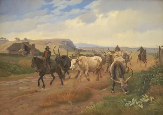 Johan T. Lundbye | En flok okser i den romerske Campagna - 1845 | Indrammet kunsttryk | Danmarks Guldalder | formida