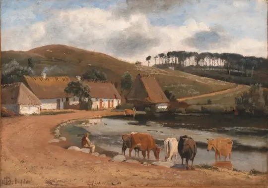 Johan T. Lundbye | Køer vandes ved en landsbydam - 1844 | Indrammet kunsttryk | Danmarks Guldalder | formida