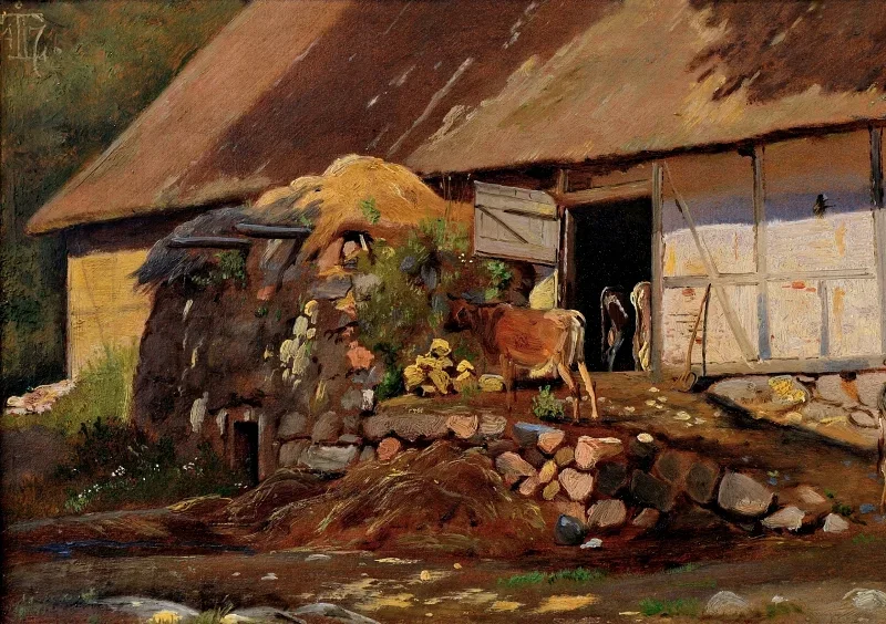 Johan T. Lundbye | Außerhalb des Kuhstalls - 1847 | Gerahmter Kunstdruck | Goldenes Zeitalter Dänemark | formida