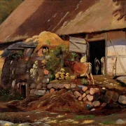 Johan T. Lundbye | Außerhalb des Kuhstalls - 1847 | Gerahmter Kunstdruck | Goldenes Zeitalter Dänemark | formida