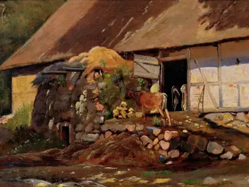 Johan T. Lundbye | Außerhalb des Kuhstalls - 1847 | Gerahmter Kunstdruck | Goldenes Zeitalter Dänemark | formida