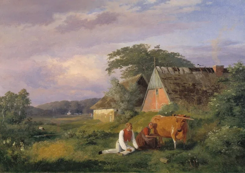 Johan T. Lundbye | Melkszene - 1841 | Gerahmter Kunstdruck | Goldenes Zeitalter Dänemark | formida