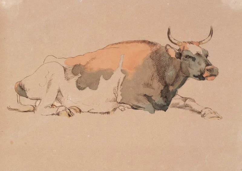Johan T. Lundbye | Liggende rød- og sortplettet ko - 1848 | Indrammet kunsttryk | Danmarks Guldalder | formida