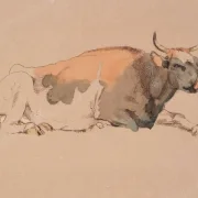Johan T. Lundbye | Liggende rød- og sortplettet ko - 1848 | Indrammet kunsttryk | Danmarks Guldalder | formida