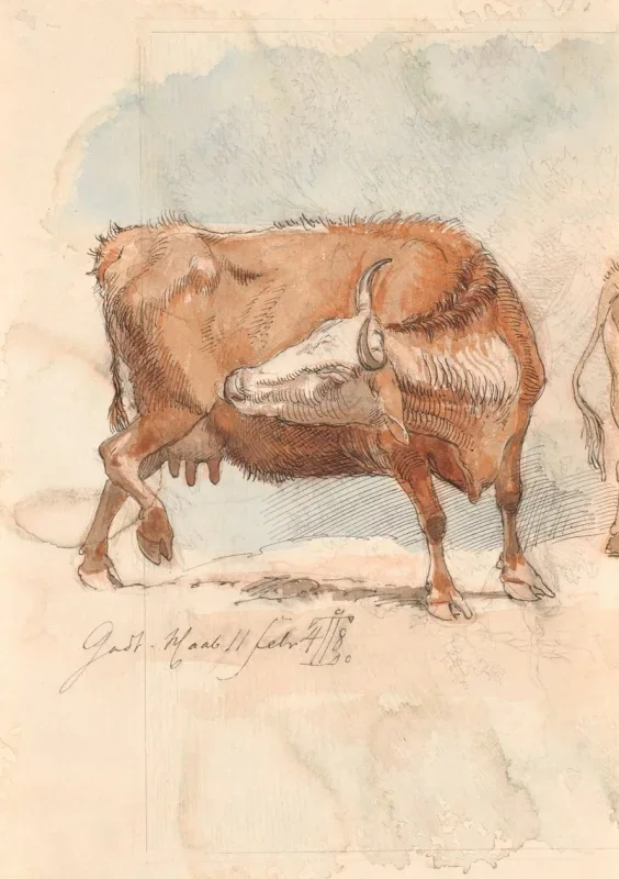 Johan T. Lundbye | Rote Kuh, die sich das rechte Hinterbein leckt - 1848 | Gerahmter Kunstdruck | Goldenes Zeitalter Dänemark | formida