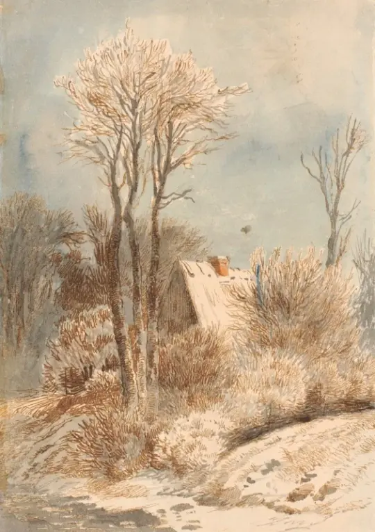 Johan T. Lundbye | Snelandskab med hus blandt træer - 1844 | Indrammet kunsttryk | Danmarks Guldalder | formida