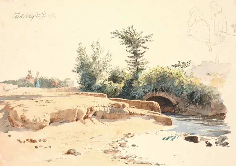 Johan T. Lundbye | Delvist udtørret flodleje med bro - 1845 | Indrammet kunsttryk | Danmarks Guldalder | formida