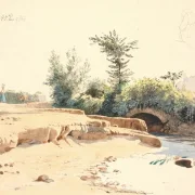 Johan T. Lundbye | Delvist udtørret flodleje med bro - 1845 | Indrammet kunsttryk | Danmarks Guldalder | formida