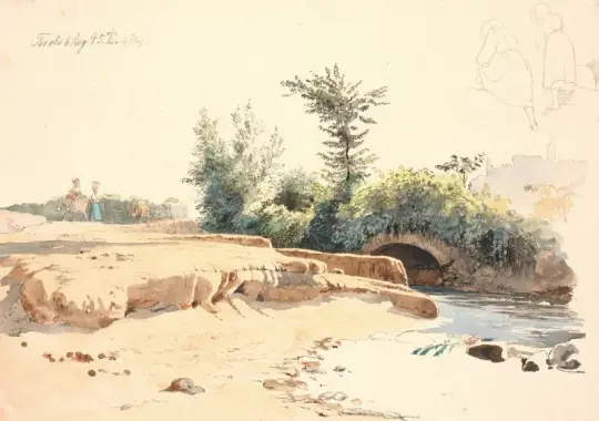 Johan T. Lundbye | Delvist udtørret flodleje med bro - 1845 | Indrammet kunsttryk | Danmarks Guldalder | formida