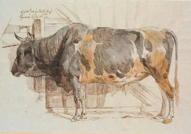 Johan T. Lundbye | Stående tyr i sin boks - 1844 | Indrammet kunsttryk | Danmarks Guldalder | formida