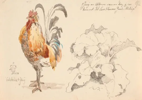 Johan T. Lundbye | Studieblad med en hane og en skræppe - 1847 | Indrammet kunsttryk | Danmarks Guldalder | formida