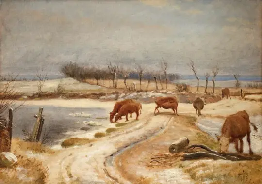 Johan T. Lundbye | Vandtrug til kvæg på en vinterdag - 1848 | Indrammet kunsttryk | Danmarks Guldalder | formida