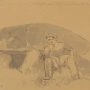 Johan T. Lundbye | Kunstneren, siddende foran en stendysse - 1844 | Indrammet kunsttryk | Danmarks Guldalder | formida