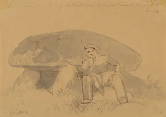 Johan T. Lundbye | Der Künstler, sitzend vor einem Dolmen - 1844 | Gerahmter Kunstdruck | Goldenes Zeitalter Dänemark | formida