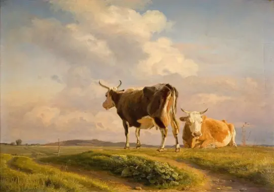 Johan T. Lundbye | To køer på en åben mark - 1845 | Indrammet kunsttryk | Danmarks Guldalder | formida