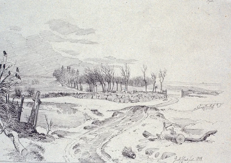 Johan T. Lundbye | Vinterlandskab med en vej - 1848 | Indrammet kunsttryk | Danmarks Guldalder | formida