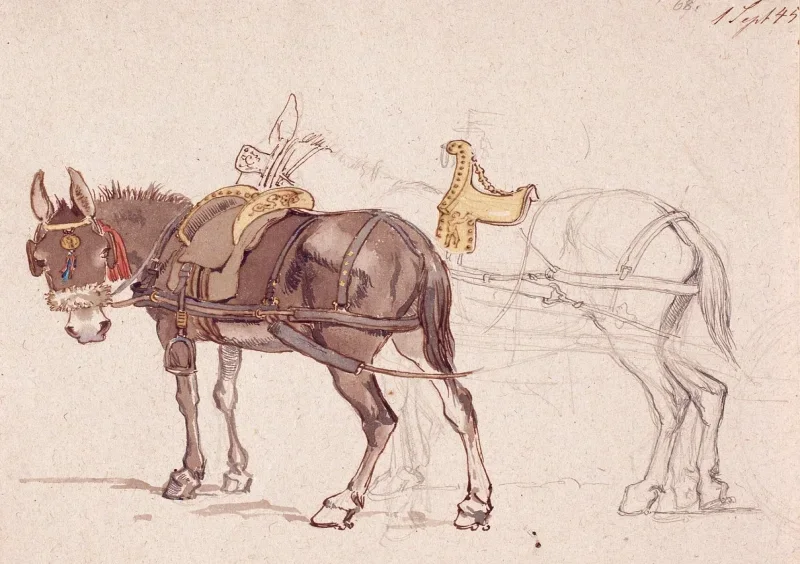 Johan T. Lundbye | To muldyr spændt for forsiden - 1845 | Indrammet kunsttryk | Danmarks Guldalder | formida