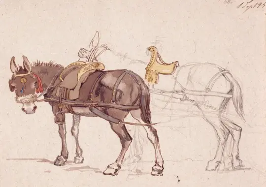 Johan T. Lundbye | To muldyr spændt for forsiden - 1845 | Indrammet kunsttryk | Danmarks Guldalder | formida