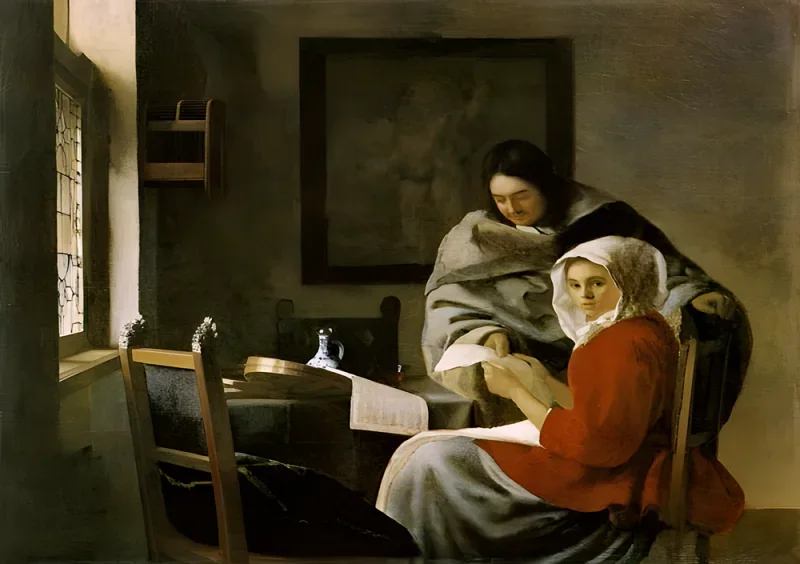 Johannes Vermeer | En pige, der spiller musik, bliver afbrudt - 1661 | Indrammet kunsttryk | Barok | formida