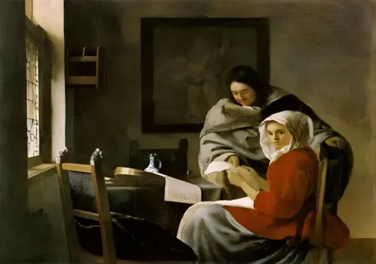 Johannes Vermeer | En pige, der spiller musik, bliver afbrudt - 1661 | Indrammet kunsttryk | Barok | formida