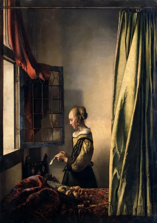 Johannes Vermeer | Mädchen mit dem Brief am offenen Fenster - 1458 | Giclée Kunstdruck gerahmt