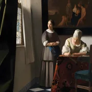 Johannes Vermeer | Briefschreiberin und Dienstmagd - 1670 | Giclée Kunstdruck gerahmt