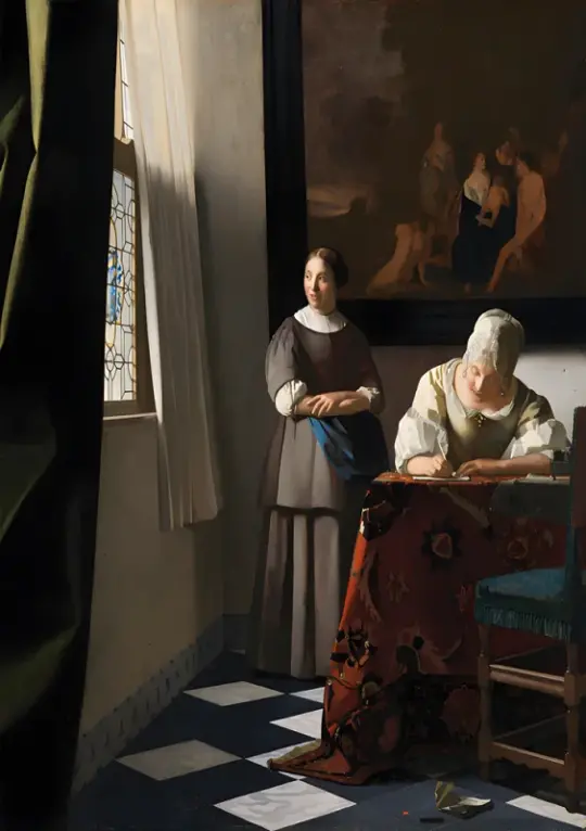 Johannes Vermeer | Briefschreiberin und Dienstmagd - 1670 | Giclée Kunstdruck gerahmt