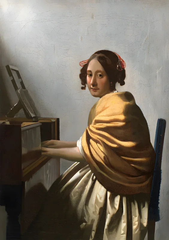 Johannes Vermeer | En ung kvinde siddende ved et jomfrueligt hus - 1671 | Indrammet kunsttryk | Barok | formida