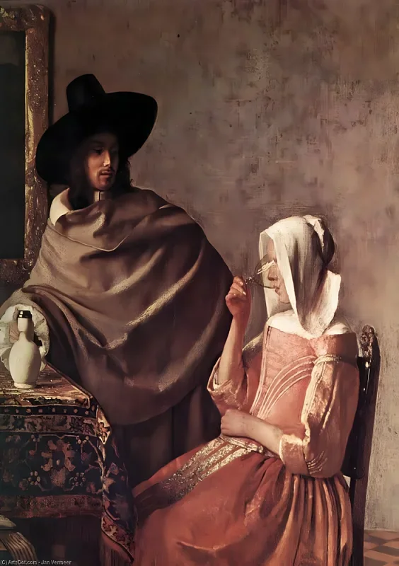Johannes Vermeer | Sitzender Mann mit Pelzmütze und Weinkrug - 1665 | Giclée Kunstdruck gerahmt