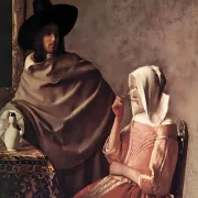Johannes Vermeer | Sitzender Mann mit Pelzmütze und Weinkrug - 1665 | Giclée Kunstdruck gerahmt