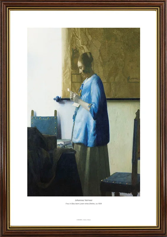 Johannes Vermeer | Kvinde i blåt læser et brev - 1664 | Indrammet kunsttryk | Barok